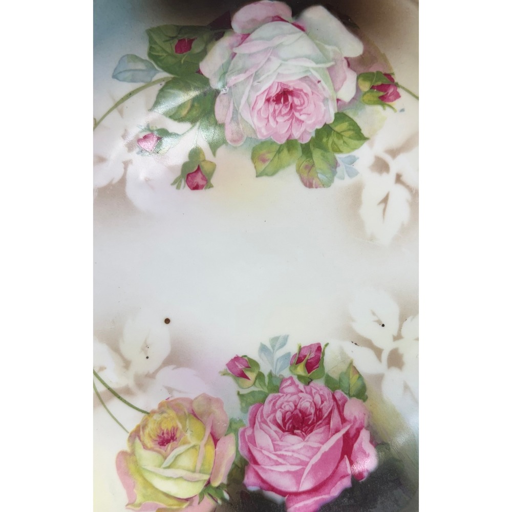 Vintage German Porcelain Handled Cake Plate Hand Painted Pink Roses Gold Trim - Picture 10 of 11